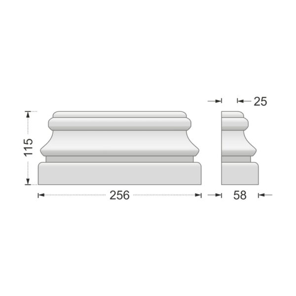 Desenul cotat al consolei decorative AC-954, vedere din față și din profil: 11,5 x 25,6 x 5,8 cm