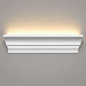 Cornișă JX90-W montată pe un perete gri, cu lumină LED caldă care urcă pe perete