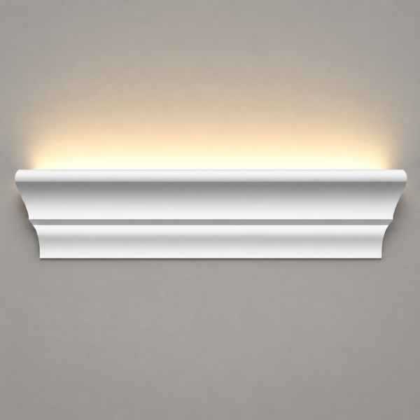 Cornișă JX90-W montată pe un perete gri, cu lumină LED caldă care urcă pe perete