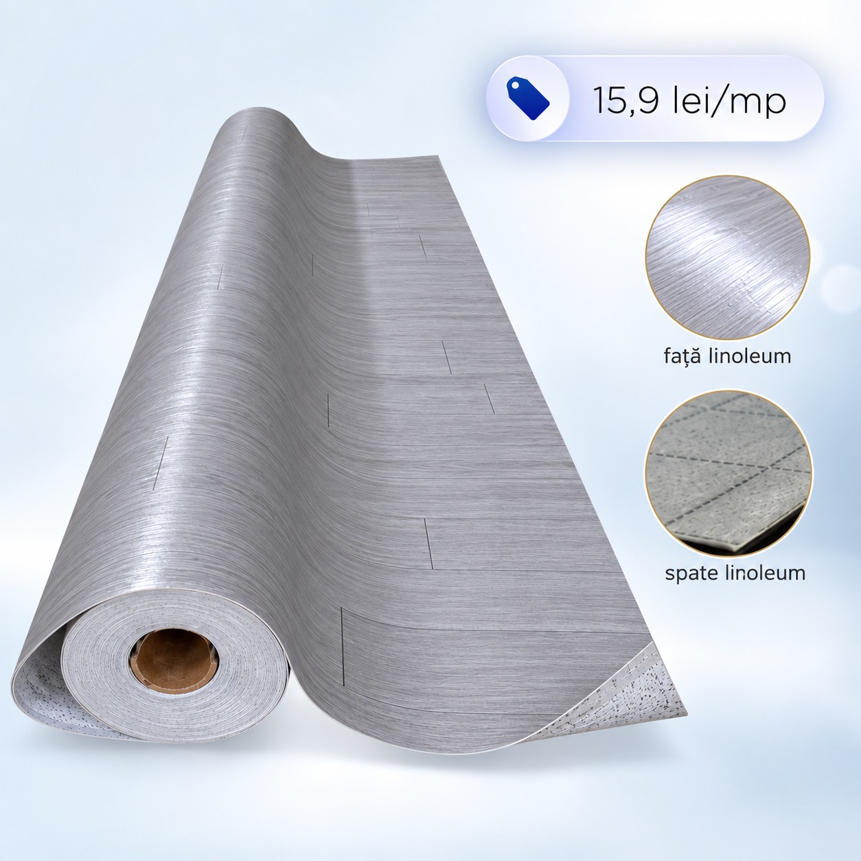 Covor PVC stejar gri argintiu, rolă 3 × 24 m Rolă de covor PVC cu decor de stejar gri argintiu, cu detalii ale feței lucioase și ale suportului textil