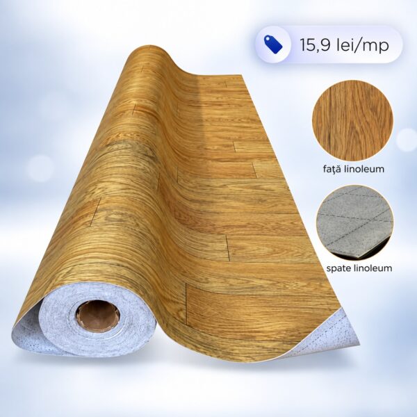 Rolă de covor PVC cu decor de stejar natur auriu, cu detalii ale feței și ale suportului textil