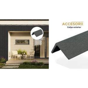 Colțar în formă de L pentru riflaj de exterior, lângă o casă cu fațada placată cu riflaj vertical