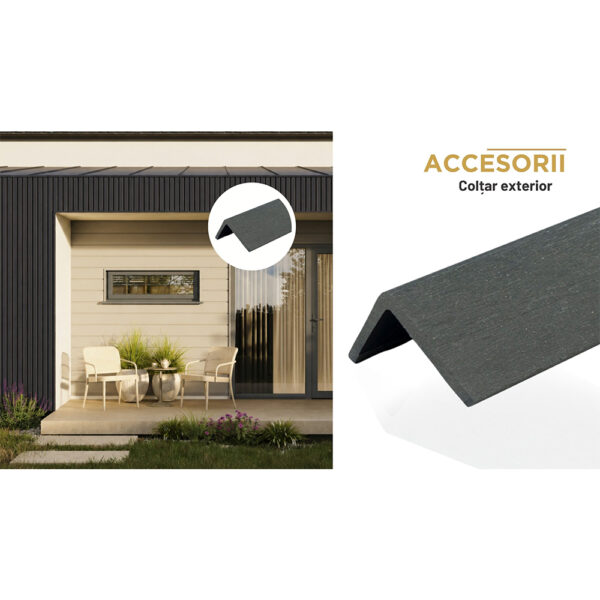 Colțar în formă de L pentru riflaj de exterior, lângă o casă cu fațada placată cu riflaj vertical