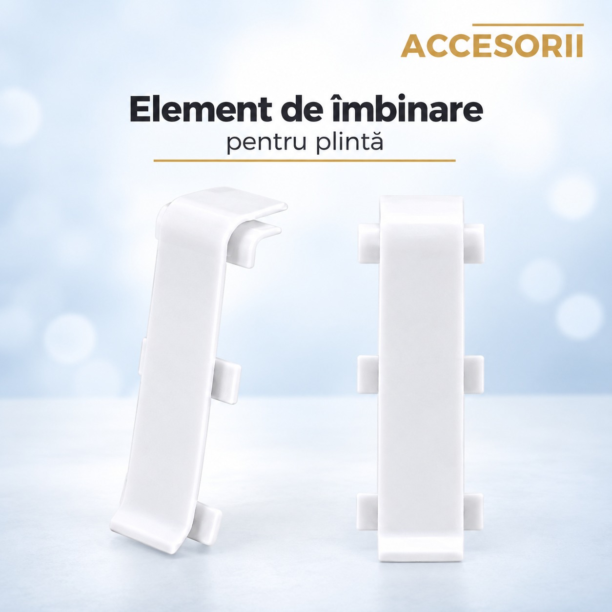 Element de îmbinare din PVC pentru plintă, alb Element de îmbinare din PVC alb pentru plintă, văzut din lateral și din față, cu lamelele de prindere