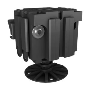 Randare de aproape a elementului Top Cube pentru plintă, cu lamelele verticale, șurubul imbus și talpa rotundă