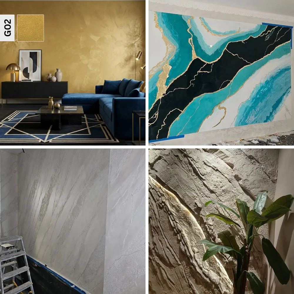 Patru finisaje decorative pentru pereți: vopsea aurie cu reflexe perlate, marmură turcoaz lustruită, travertin în benzi diagonale și piatră stratificată în relief