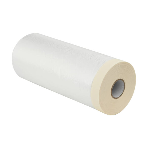 Rolă de folie de protecție HDPE transparentă, cu bandă autoadezivă crem pe margine