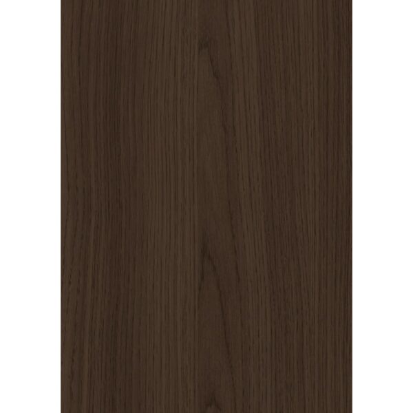 Mostră verticală a decorului Fundermax 0824 Brown Bistro Oak, pe alb: stejar brun-ciocolatiu cu fibra fină și dreaptă
