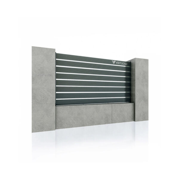 Panou de gard Ares cu placaj Hard Strips gri intens, pe soclu între stâlpi de beton