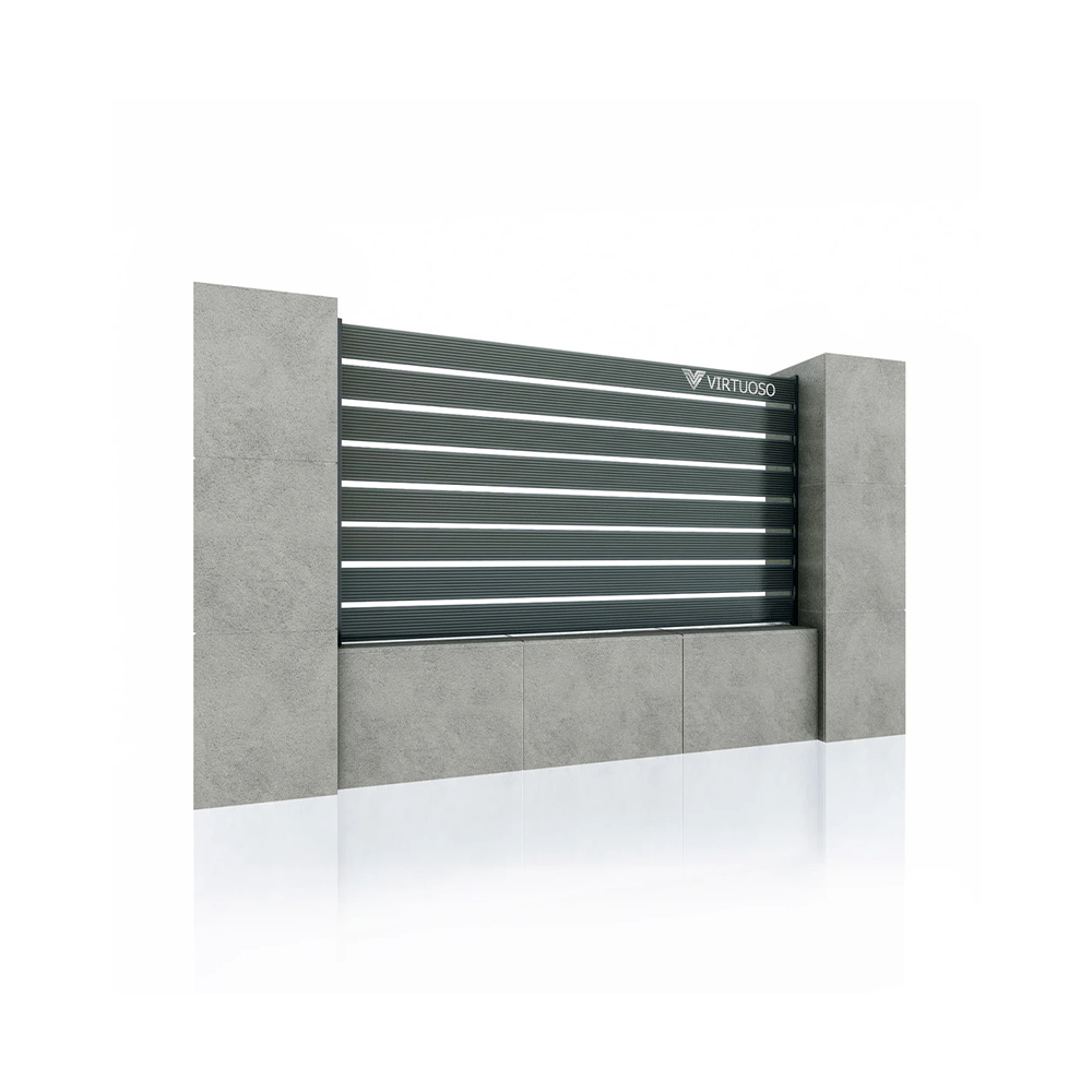 Gard WPC Ares cu placaj Hard Strips, panou Panou de gard Ares cu placaj Hard Strips gri intens, pe soclu între stâlpi de beton