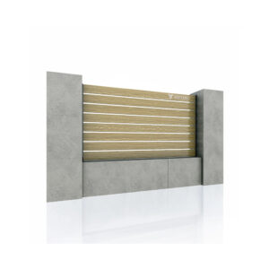 Panou de gard Ares cu placaj Light Wood, cu plăci bej, montat între doi stâlpi de beton pe un soclu