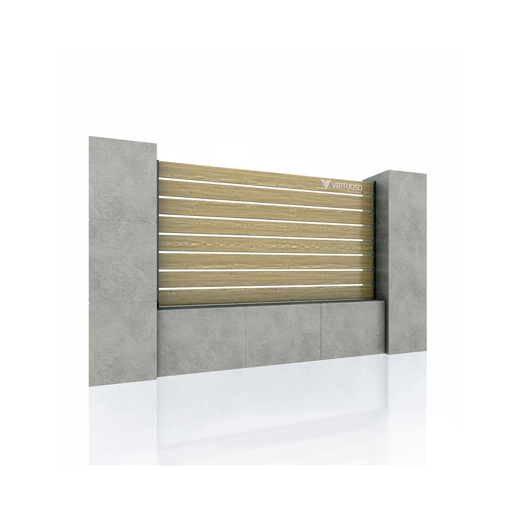 Gard Ares cu placaj Light Wood între stâlpi de beton Panou de gard Ares cu placaj Light Wood, cu plăci bej, montat între doi stâlpi de beton pe un soclu