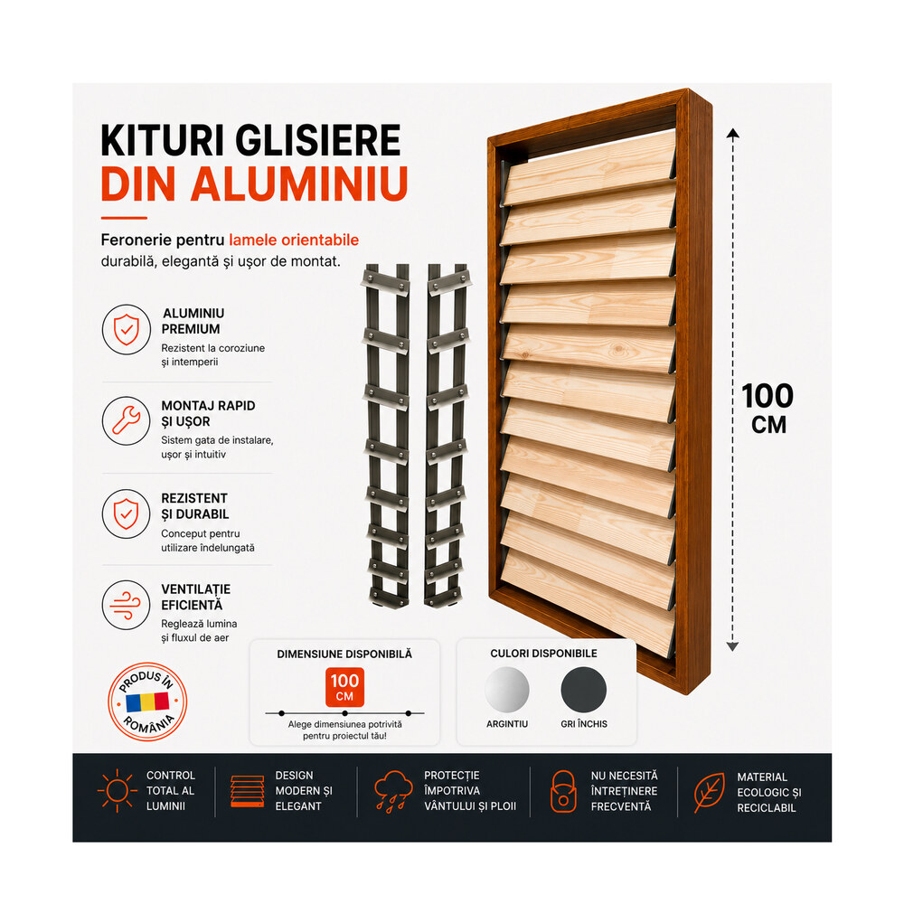 Glisiere din aluminiu Mesteri Mari 100 cm pentru 12 lamele orientabile, jaluzele de terasă Glisiere din aluminiu Mesteri Mari 100 cm pentru 12 lamele orientabile, jaluzele de terasă