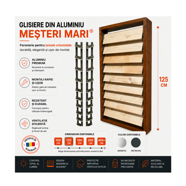 Glisiere din aluminiu Mesteri Mari 125 cm pentru 15 lamele orientabile, jaluzele de terasă