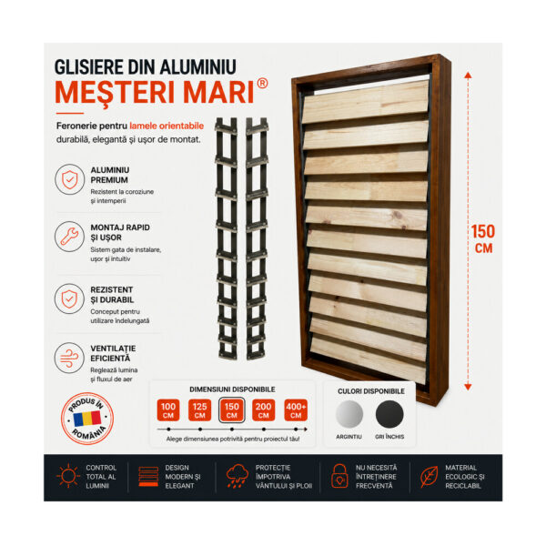 Glisiere din aluminiu Mesteri Mari 150 cm pentru 18 lamele orientabile, jaluzele de terasă