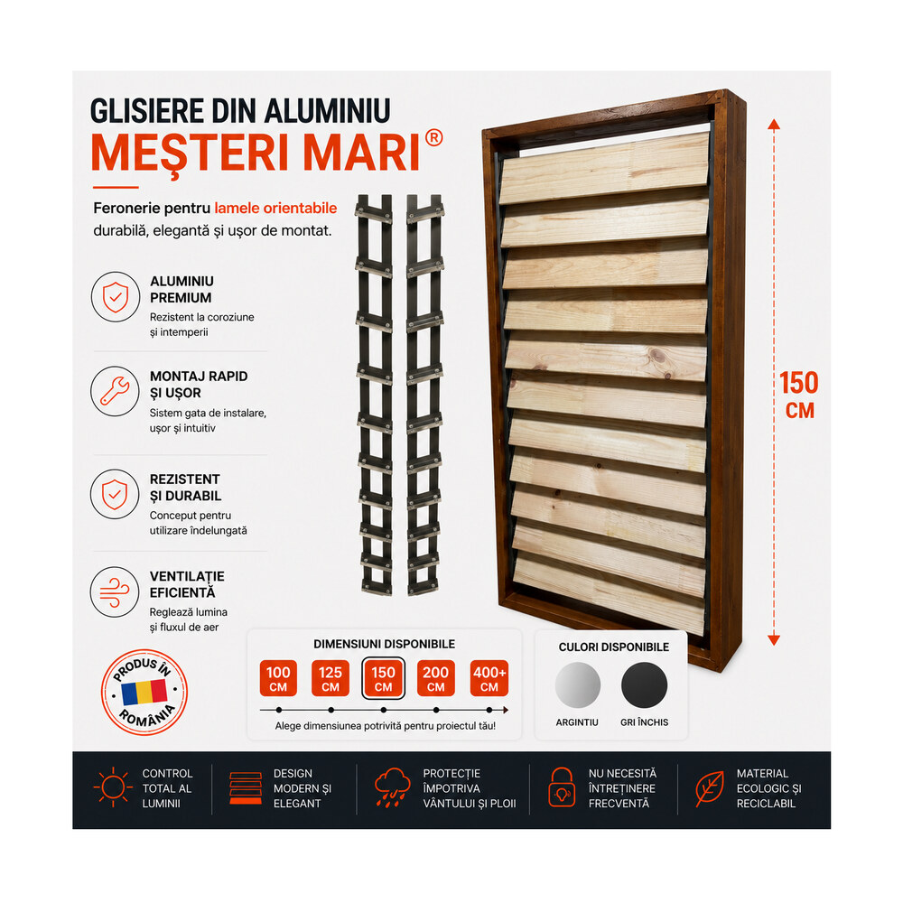 Glisiere din aluminiu Mesteri Mari 150 cm pentru 18 lamele orientabile, jaluzele de terasă Glisiere din aluminiu Mesteri Mari 150 cm pentru 18 lamele orientabile, jaluzele de terasă