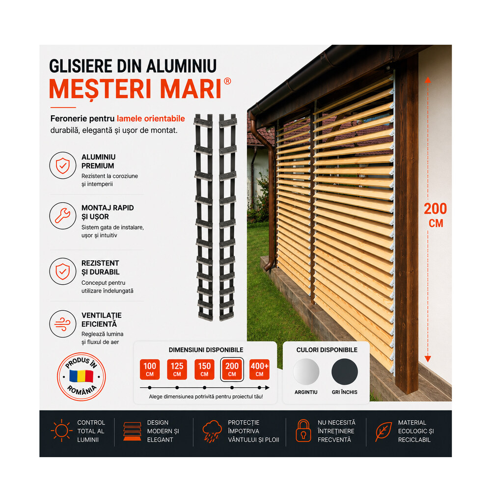 Glisiere din aluminiu Mesteri Mari 200 cm pentru 24 de lamele orientabile, jaluzele de terasă Glisiere din aluminiu Mesteri Mari 200 cm pentru 24 de lamele orientabile, jaluzele de terasă