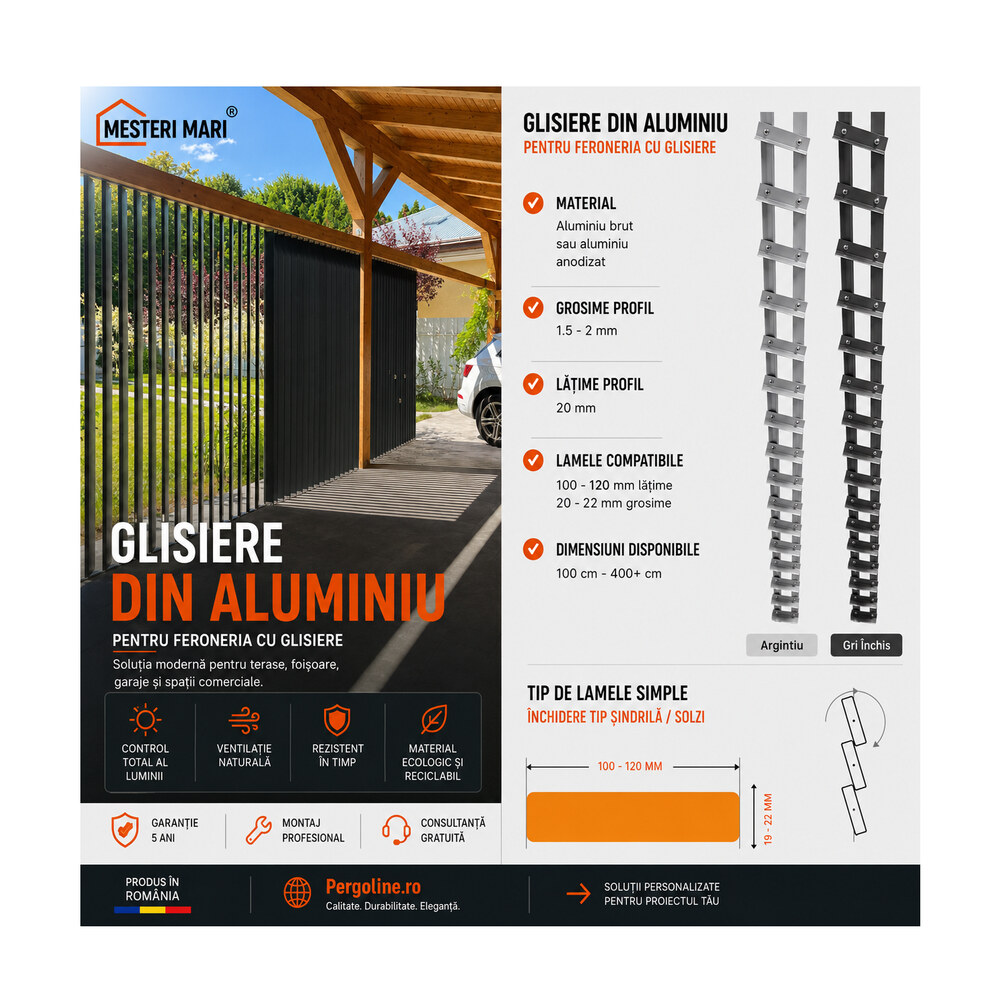 Glisiere din aluminiu Mesteri Mari 300 cm pentru 36 de lamele orientabile, jaluzele de terasă Glisiere din aluminiu Mesteri Mari 300 cm pentru 36 de lamele orientabile, jaluzele de terasă