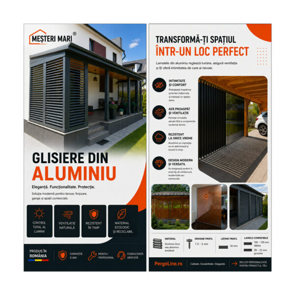 Glisiere din aluminiu Mesteri Mari 325 cm pentru 39 de lamele orientabile, jaluzele de terasă