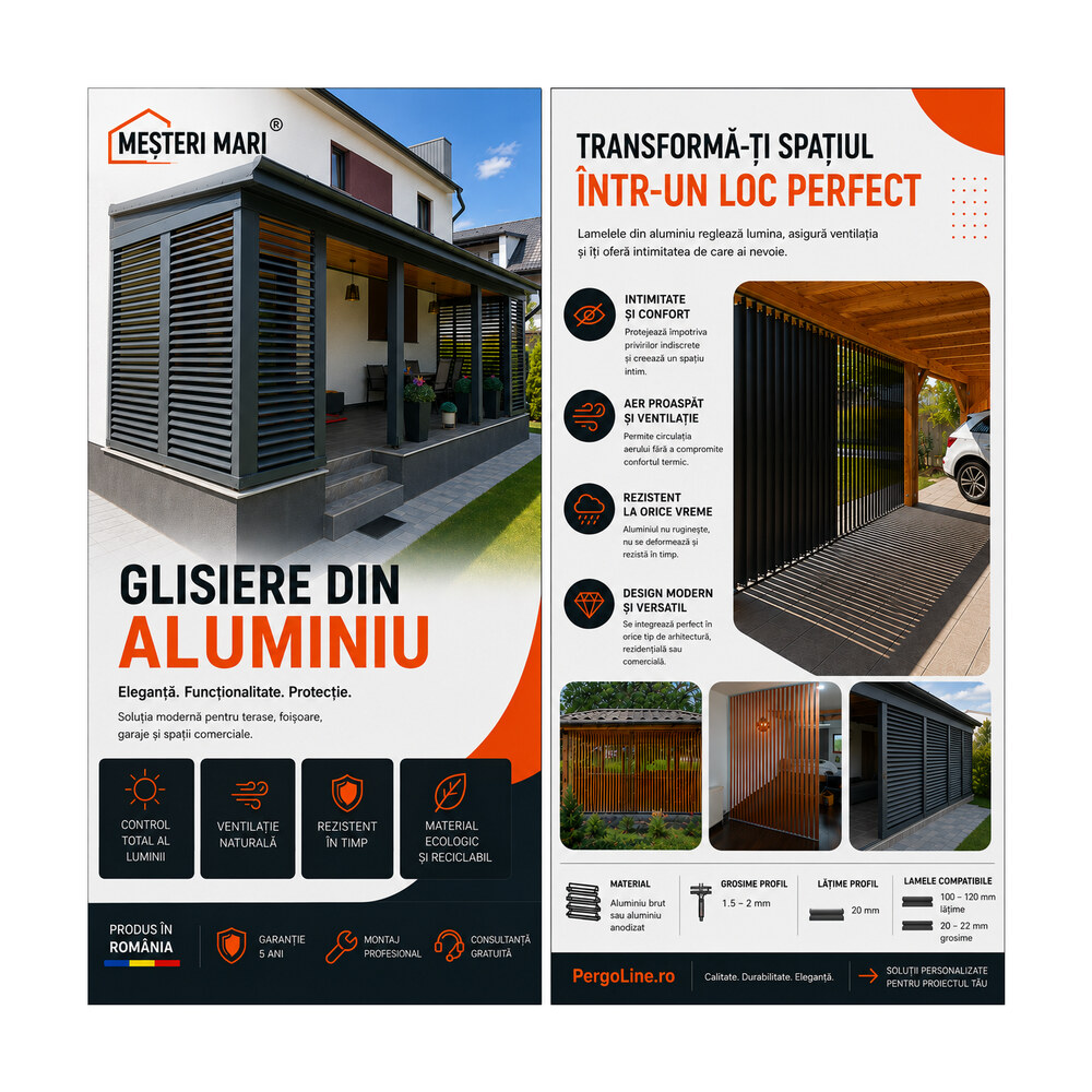 Glisiere din aluminiu Mesteri Mari 325 cm pentru 39 de lamele orientabile, jaluzele de terasă Glisiere din aluminiu Mesteri Mari 325 cm pentru 39 de lamele orientabile, jaluzele de terasă