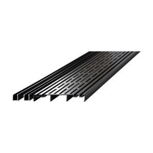 Grilă de ventilație Relo V în culoarea antracit, cu fante alungite, alături de două suporturi negre în formă de U