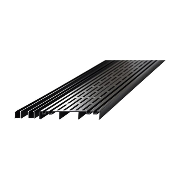 Grilă de ventilație Relo V în culoarea antracit, cu fante alungite, alături de două suporturi negre în formă de U