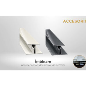 Două profile de îmbinare din aluminiu, alb și gri, pentru panouri decorative de exterior, cu detaliu de montaj