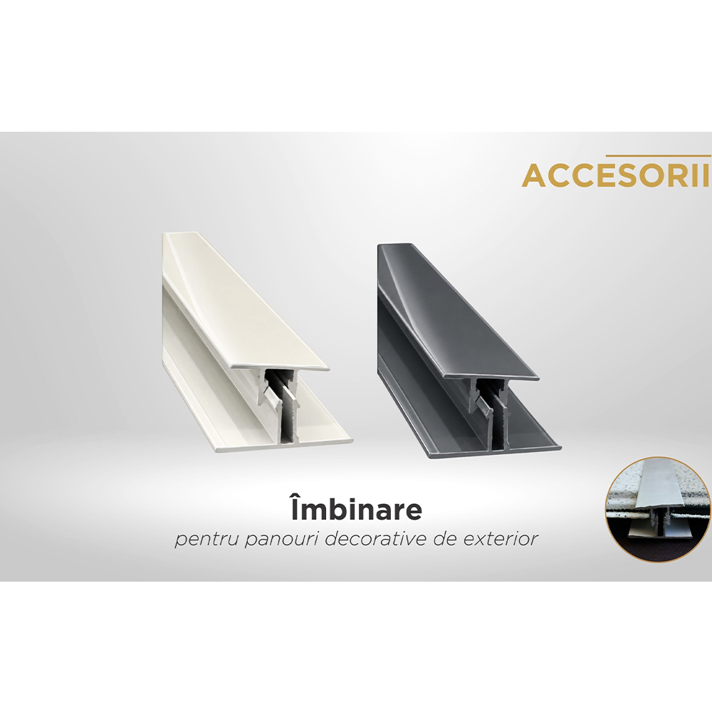 Profil de îmbinare din aluminiu alb, 6 m Două profile de îmbinare din aluminiu, alb și gri, pentru panouri decorative de exterior, cu detaliu de montaj