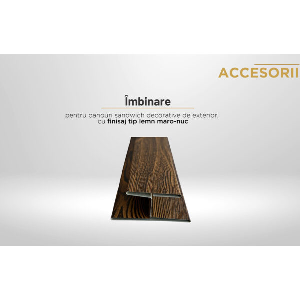 Profil de îmbinare cu finisaj tip lemn maro-nuc pentru panouri sandwich decorative de exterior