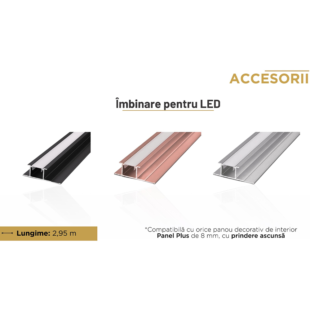 Profile de îmbinare pentru bandă LED în trei culori Profile de îmbinare pentru bandă LED în negru, rose gold și argintiu, lungi de 2,95 m, pentru panouri de 8 mm