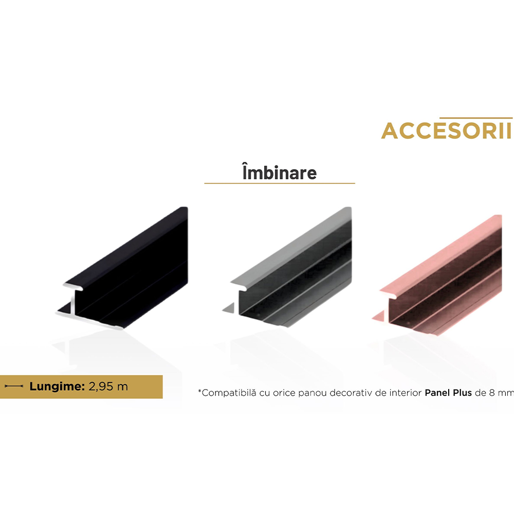 Profil de îmbinare H pentru panouri de 8 mm, gama de culori Profile de îmbinare tip H din aluminiu în negru, argintiu și roz, cu lungimea de 2,95 m și mențiunea Panel Plus 8 mm