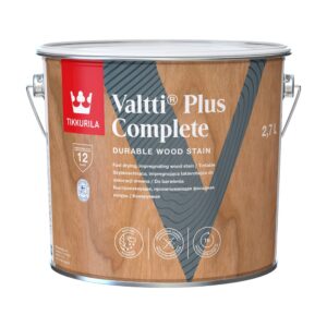 Găleată de 2,7 l cu impregnantul Tikkurila Valtti Plus Complete pentru lemn, cu eticheta în model de lemn și V gri