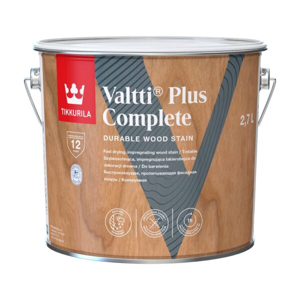 Găleată de 2,7 l cu impregnantul Tikkurila Valtti Plus Complete pentru lemn, cu eticheta în model de lemn și V gri
