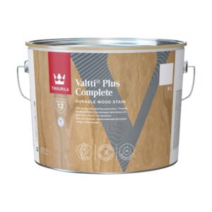 Găleată de 9 l Tikkurila Valtti Plus Complete, impregnant pentru lemn cu uscare rapidă, văzută de aproape, cu V gri