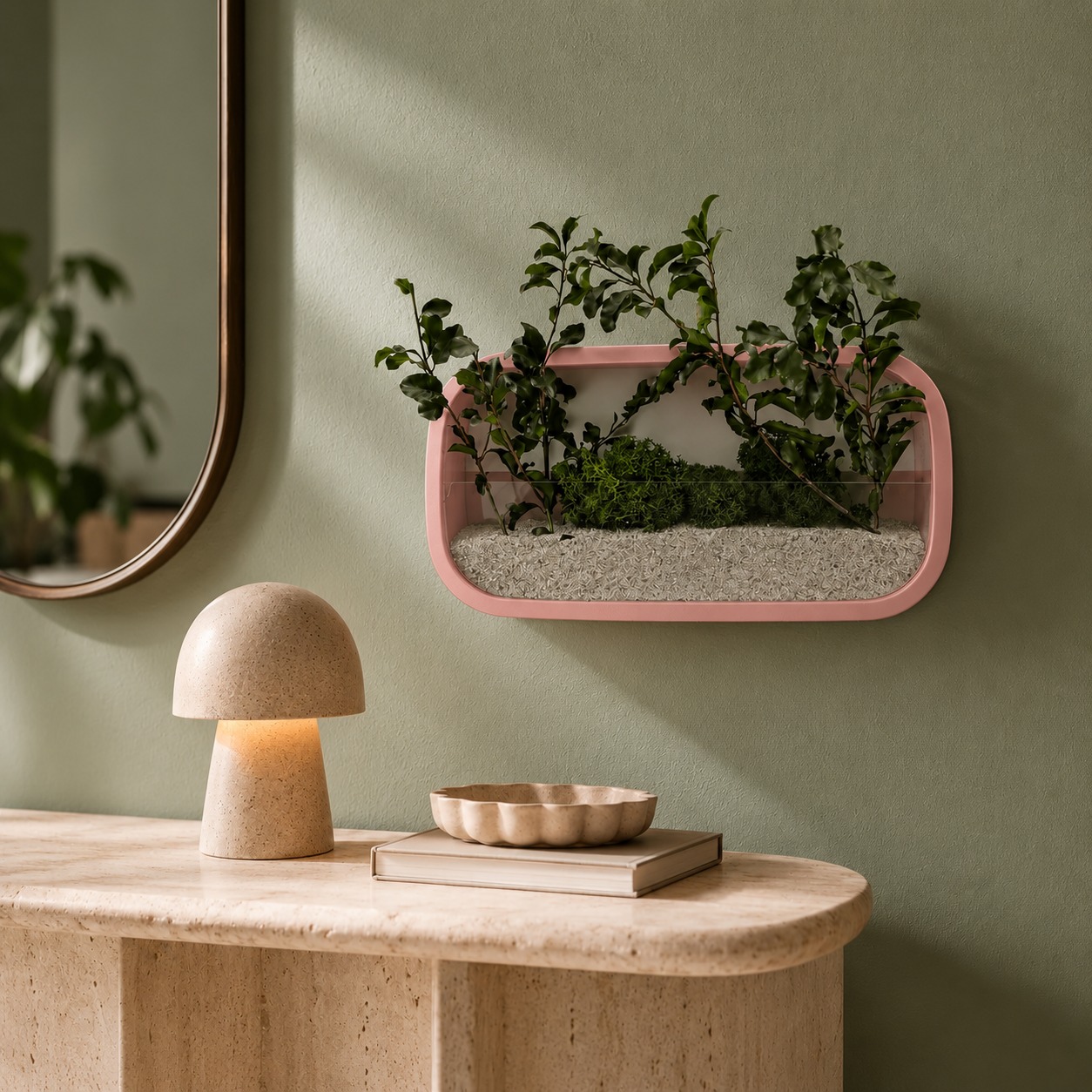 Jardinieră de perete roz cu licheni Jardinieră roz cu licheni, ramuri cu frunze verzi și nisip, pe un perete verde salvie deasupra unei console