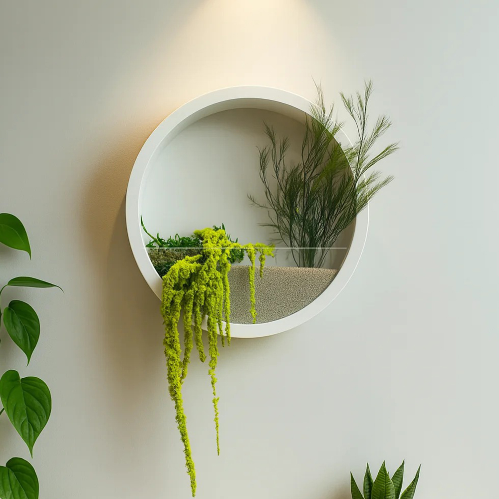 Jardinieră rotundă de perete cu plante stabilizate, albă Jardinieră rotundă albă pe perete, cu nisip, plante stabilizate cu frunze fine și ciucuri verde-lime atârnând