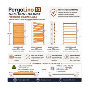 Kit complet jaluzea de terasă PergoLino10, 90 cm înălțime, feronerie metalică și 10 lamele din pin