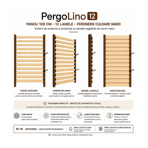 Kit complet jaluzea de terasă PergoLino12, 109 cm înălțime, feronerie metalică și 12 lamele din pin