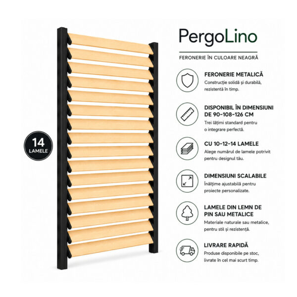 Kit complet jaluzea de terasă PergoLino14, 126 cm înălțime, feronerie metalică și 14 lamele din pin