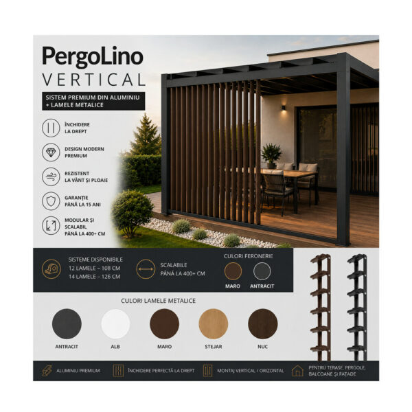 Kit complet PergoLino Vertical12: perete mobil de 108 cm lățime, 12 lamele metalice, înălțime 150–250 cm — imaginea 2