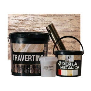 Kitul pentru efect Zen: găleată Travertino, borcan Quartz Primer, găleată Perla Metalica și rolă de folie aurie