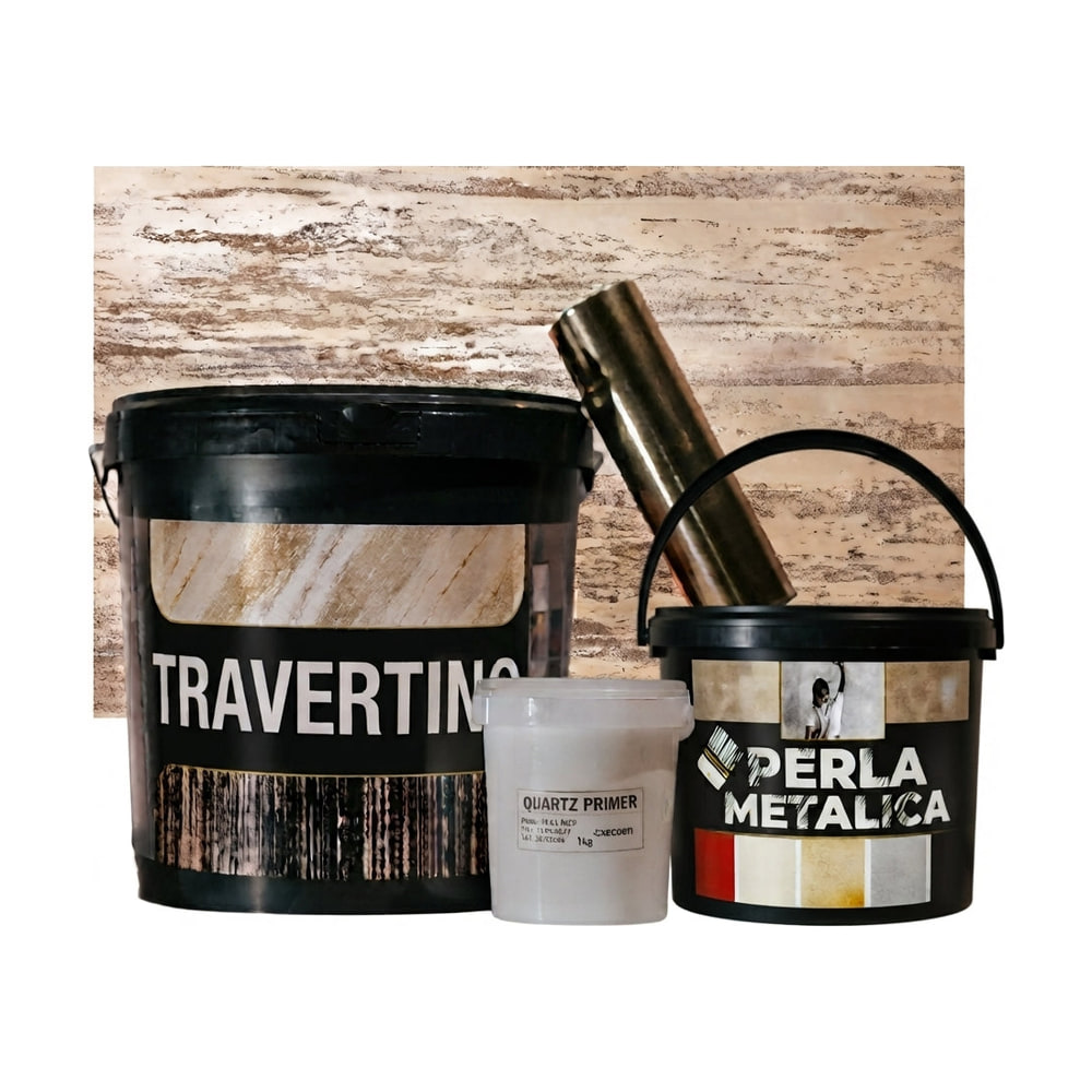 Kitul pentru efect Zen: găleată Travertino, borcan Quartz Primer, găleată Perla Metalica și rolă de folie aurie Kitul pentru efect Zen: găleată Travertino, borcan Quartz Primer, găleată Perla Metalica și rolă de folie aurie
