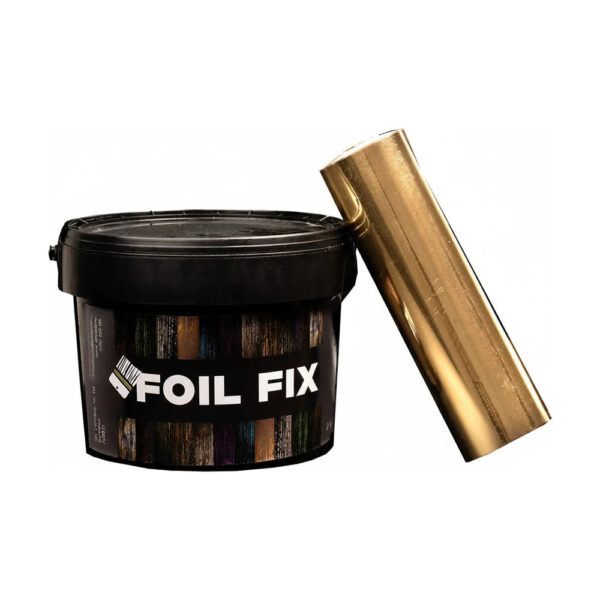 Găleată de adeziv Foil Fix și rolă de foiță de transfer aurie, pe fond alb