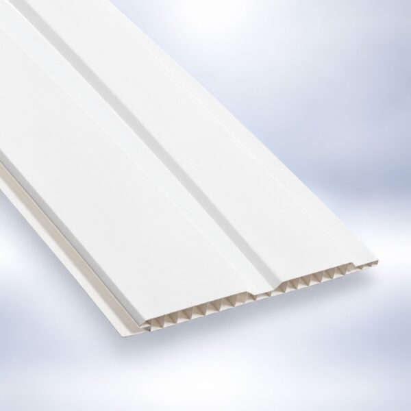 Panou de lambriu PVC alb lucios cu rost median și structură interioară cu camere, văzut din capăt