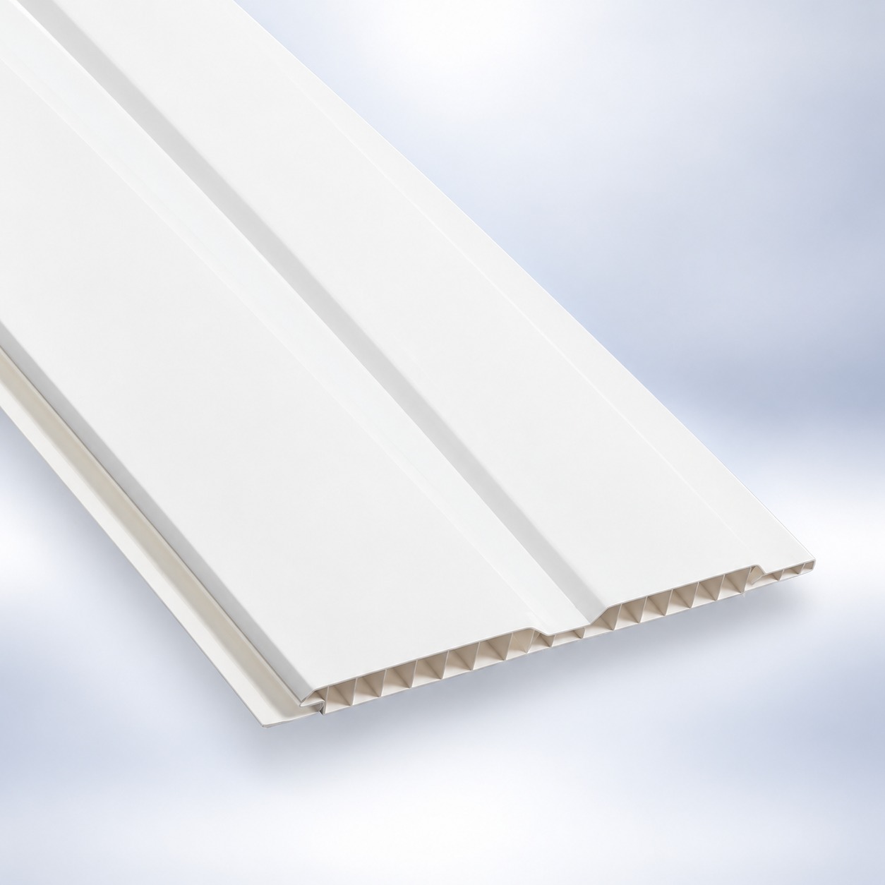 Lambriu PVC alb lucios, 2300 × 250 × 8 mm Panou de lambriu PVC alb lucios cu rost median și structură interioară cu camere, văzut din capăt