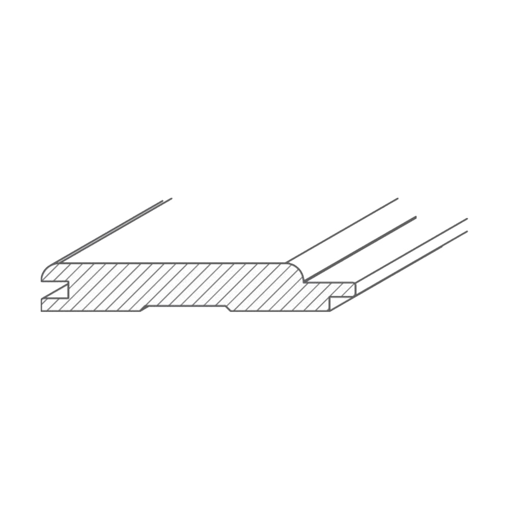 Desen în secțiune al lambriului cu profil softline: nut și feder, muchiile feței rotunjite și o degajare lată pe spate Desen în secțiune al lambriului cu profil softline: nut și feder, muchiile feței rotunjite și o degajare lată pe spate