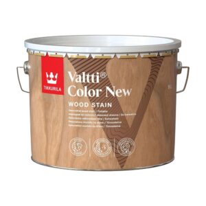 Găleată de 9 l cu lazura decorativă Tikkurila Valtti Color New pentru lemn, cu V maro pe eticheta în model de lemn