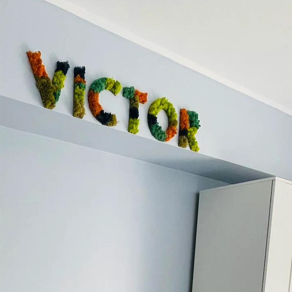 Litere din licheni cu numele VICTOR Numele VICTOR din litere volumetrice cu licheni colorați portocaliu, verde, turcoaz și bleumarin, pe perete albastru deschis