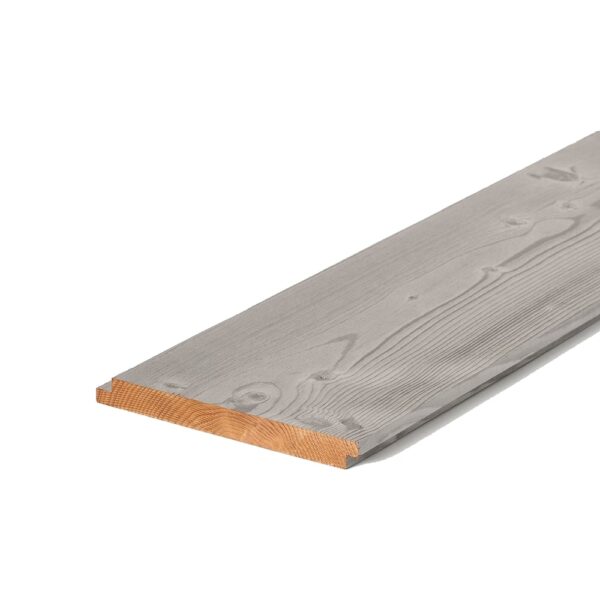 Scândură Luna Arctic Layer 19×188 din molid tratat termic, cu fața periată gri-argintie și capătul brun, pe fundal alb