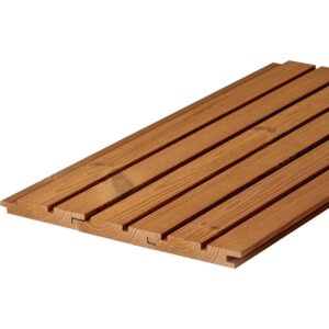 Profile Luna Classic Line din pin tratat termic îmbinate în panou, brun-caramel, cu muchii ascuțite și caneluri de umbră pe față